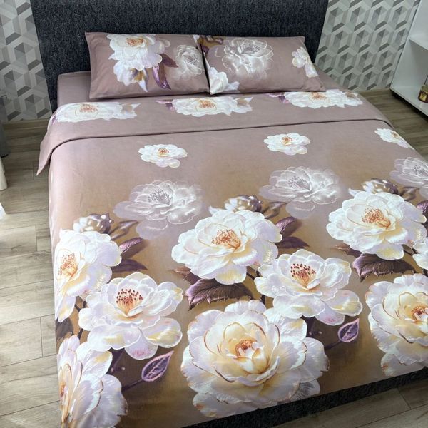 Постельное белье полуторное бежевое Цветы Поликоттон Ananasko 8501118 8501118(1,5) фото