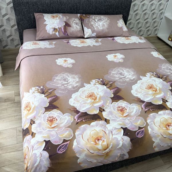 Постельное белье полуторное бежевое Цветы Поликоттон Ananasko 2617 2617(1,5) фото