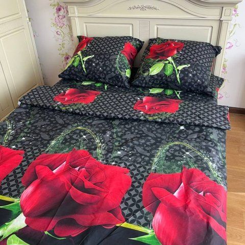 Постельное белье полуторное черное Цветы Поликоттон Ananasko 2635 2635(1,5) фото